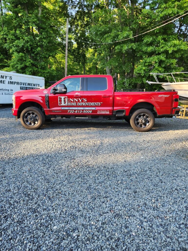 Red work truck equipment fleet for Lenny’s Home Improvements in Middlesex County